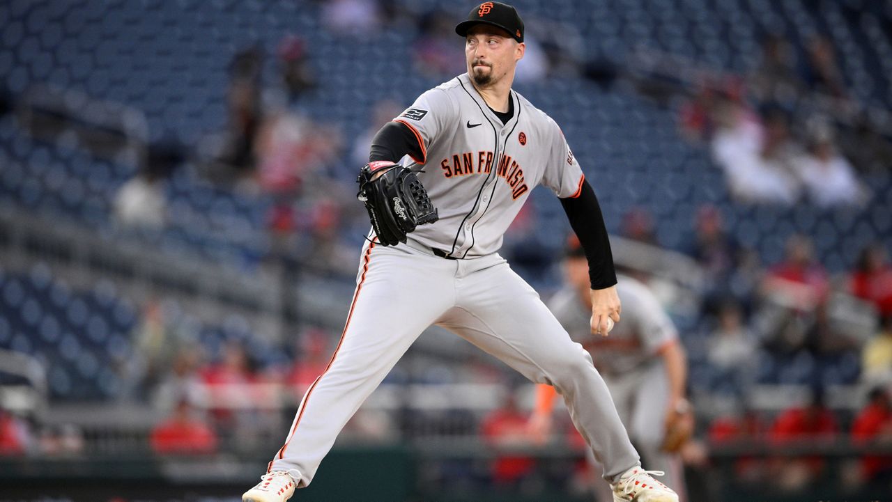 San Francisco Giants starting pitcher Blake Snell is in action during a baseball game against the Washington Nationals on Wednesday, Aug. 7, 2024, in Washington. (AP Photo/Nick Wass)