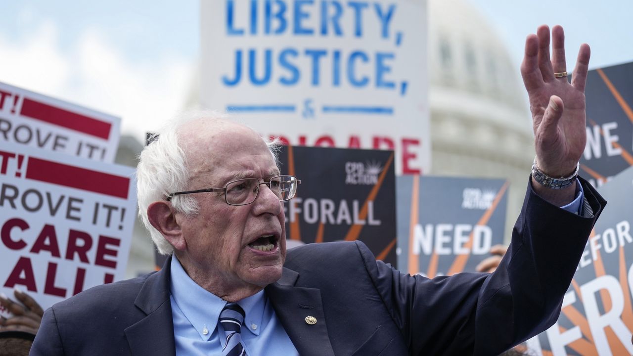 Sen. Bernie Sanders, I-Vt., speaks during a news conference on Capitol Hill in Washington, Wednesday, May 17, 2023, about Medicare for All. (AP Photo/Carolyn Kaster)