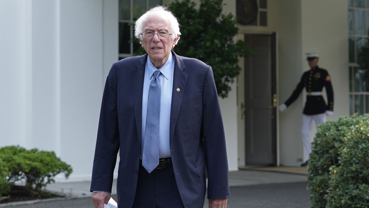 Sen. Bernie Sanders, I-Vt., walks out of the West Wing to speak with reporters following his meeting with President Joe Biden at the White House in Washington, Monday, July 17, 2023. (AP Photo/Susan Walsh)