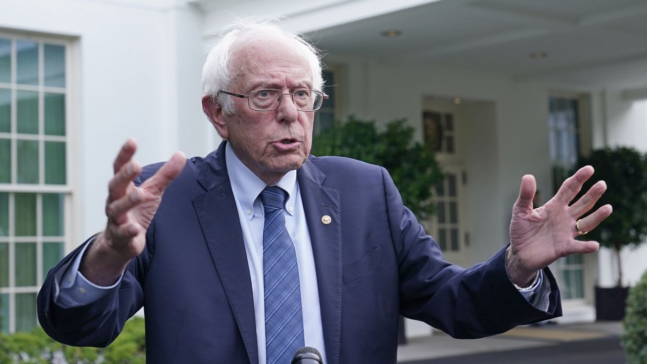 FILE - Sen. Bernie Sanders, I-Vt., talks with reporters following his meeting with President Joe Biden at the White House in Washington, Wednesday, Aug. 30, 2023. (AP Photo/Susan Walsh)