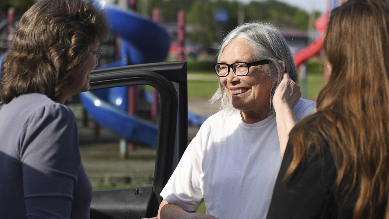 Sandra Hemme, center, meets with family and supporters after she was released from Chillicothe Correctional Center, Friday, July 19, 2024, in Chillicothe, Miss. (HG Biggs/The Kansas City Star via AP, File)