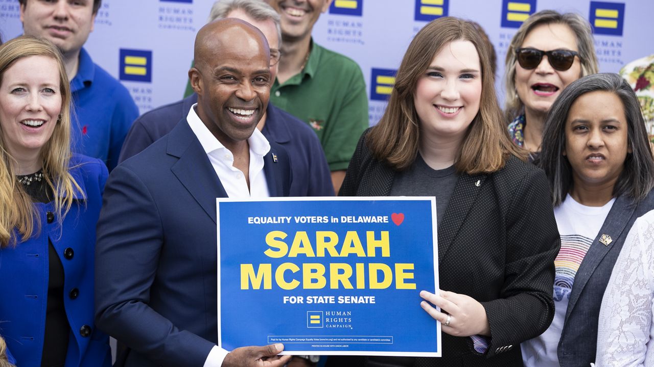 Human Rights Campaign president Alphonso David, left, endorses Sarah McBride, right, for Delaware state senate at Wilmington Brew Works Sunday, Aug. 25, 2019 in Wilmington, Del. (Jason E. Miczek/AP Images for Human Rights Campaign)