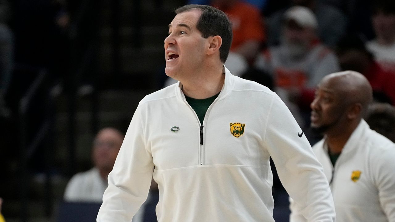 Baylor head coach Scott Drew yells to his players during the first half of a first-round college basketball game against the Colgate in the NCAA Tournament, Friday, March 22, 2024, in Memphis, Tenn. (AP Photo/George Walker IV)