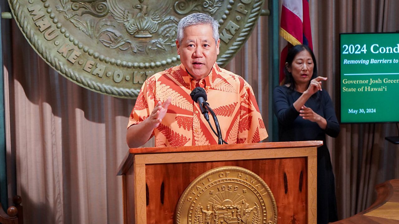 State House Speaker Scott Saiki broke down a package of condominium-related measures enacted by Gov. Josh Green during a news conference on Thursday. (Office of Gov. Josh Green)