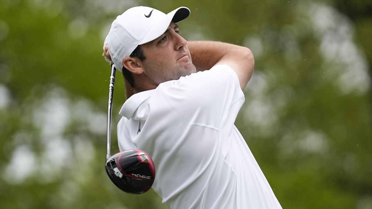 Scottie Scheffler watches his tee shot on the sixth hole during the second round of the PGA Championship golf tournament at Oak Hill Country Club on Friday, May 19, 2023, in Pittsford, N.Y. (AP Photo/Abbie Parr, File)