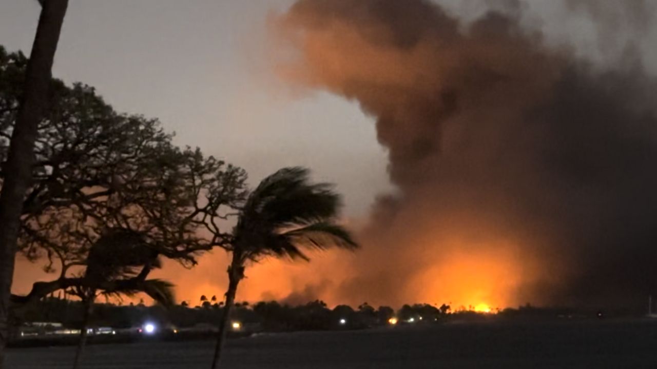 A view of the Lahaina fires, taken Aug. 8, 2023 by Pa‘ele Kiakona at 7:29 p.m. (Screenshot from video courtesy Pa‘ele Kiakona)