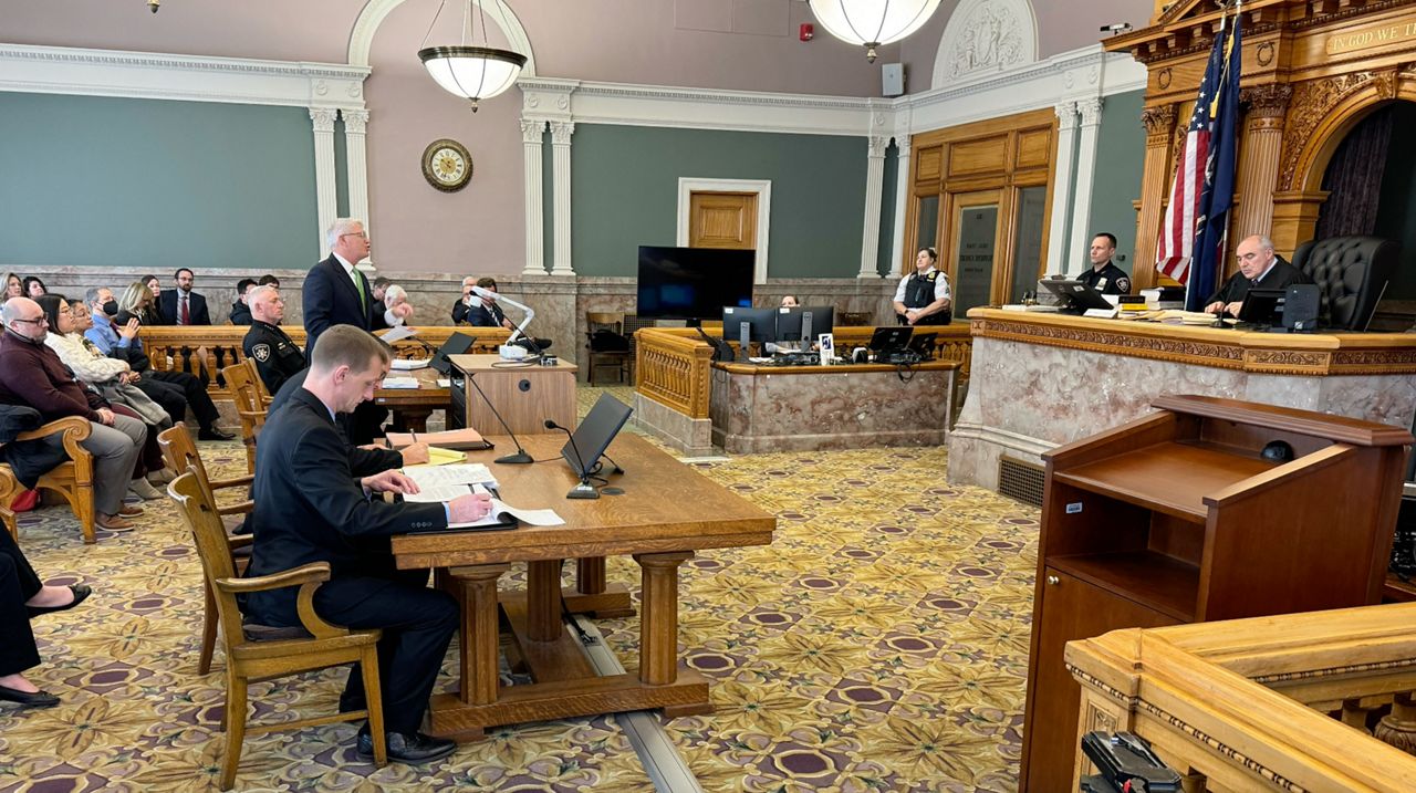 A lawyer for the Onondaga County Sheriff presents an argument to a judge regarding a lawsuit against the county legislature. 