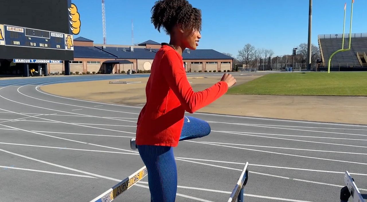 Jada Griffin Doing Hurdle Drills (Spectrum News 1/Alex Wilkinson) 