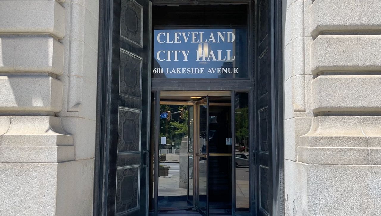 Cleveland City Hall's front door on a sunny day.