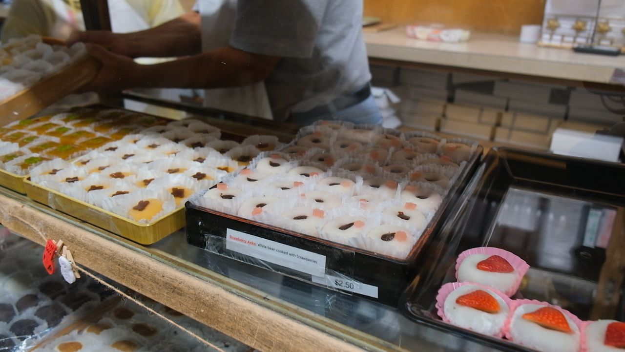 A case displays mochi at Fugetsu-Do in Little Tokyo.