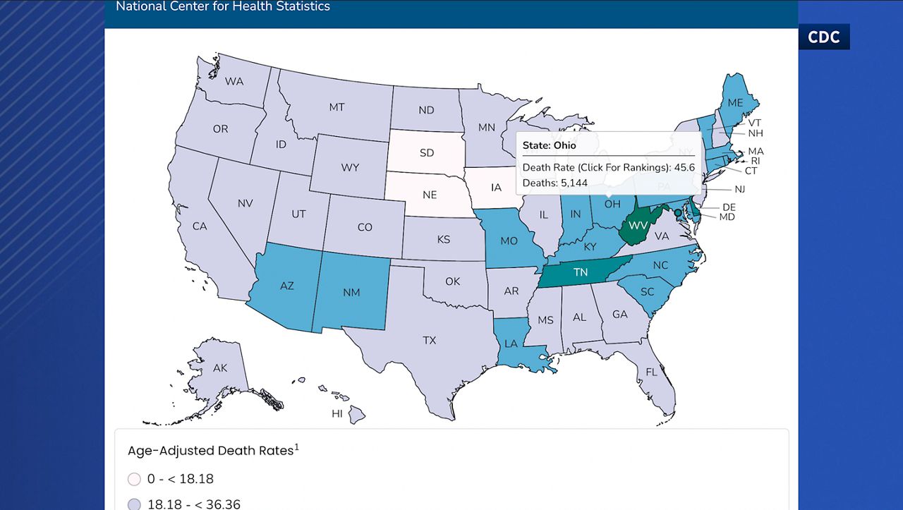 Recent data from the CDC records around 45 drug overdose deaths per 100,000 population in Ohio.