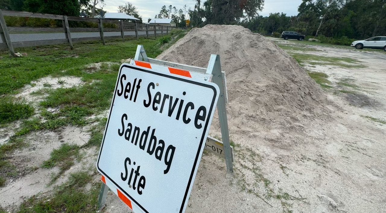 The sandbag locations, including this one at Rye Preserve, will be available until the end of storm season. We have listed them at the bottom of this story. (Spectrum Bay News 9/Julia Hazel)
