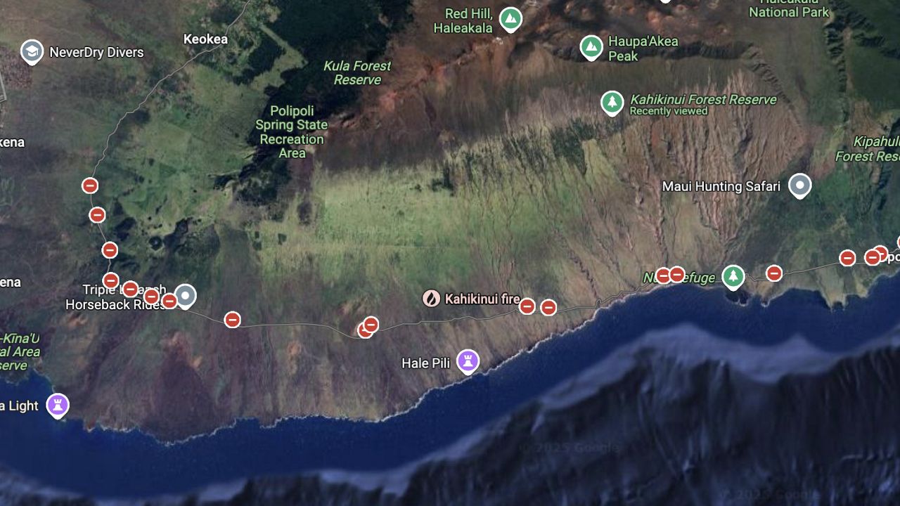 Maui Fire Department personnel spent Sunday battling a brush fire that blackened approximately 500 acress in the Kahikinui area of Maui. (Google Maps)