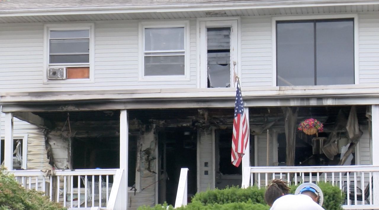 The heavily-damaged entrance to the Gabriel House Assisted Living Facility, as seen Monday morning. (Spectrum News 1/Devin Bates)