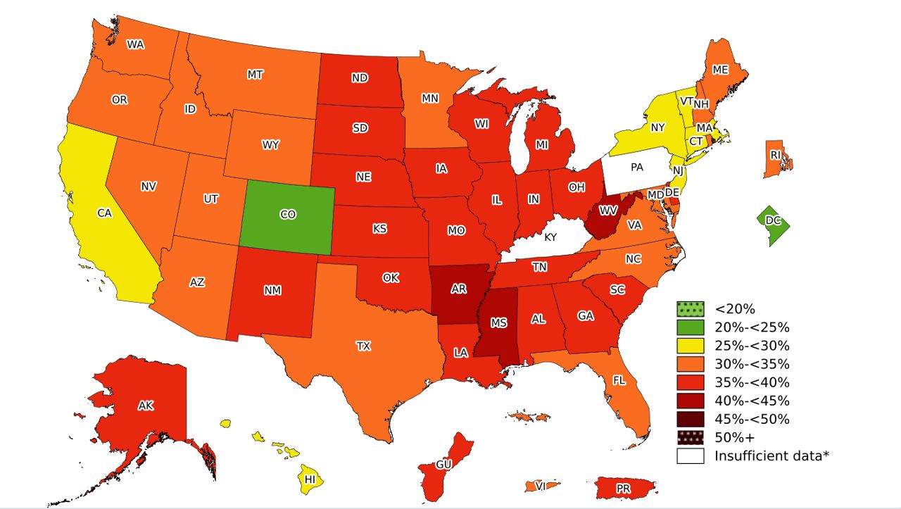 Map of obesity in the United States in 2023. (Credit: CDC)