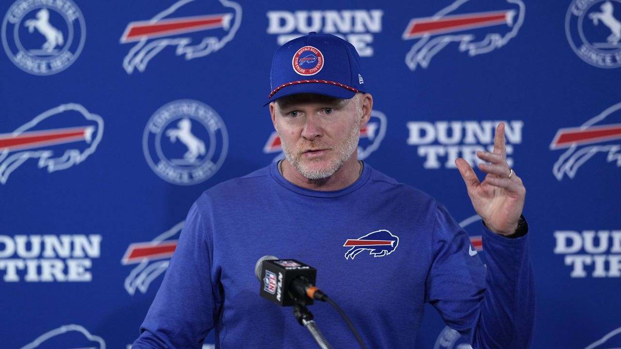 Buffalo Bills head coach Sean McDermott speaks during a news conference after an NFL football game against the Houston Texans, Sunday, Oct. 6, 2024, in Houston. The Texans won 23-20. (AP Photo/Eric Gay)