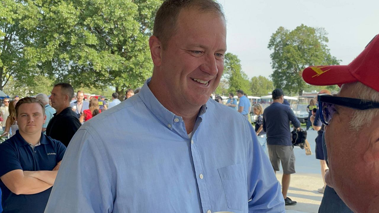 Missouri U.S. Sen. Eric Schmitt talks to attendees at the Missouri State Fair on Aug. 17, 2023 in Sedalia. (Spectrum News/Gregg Palermo)