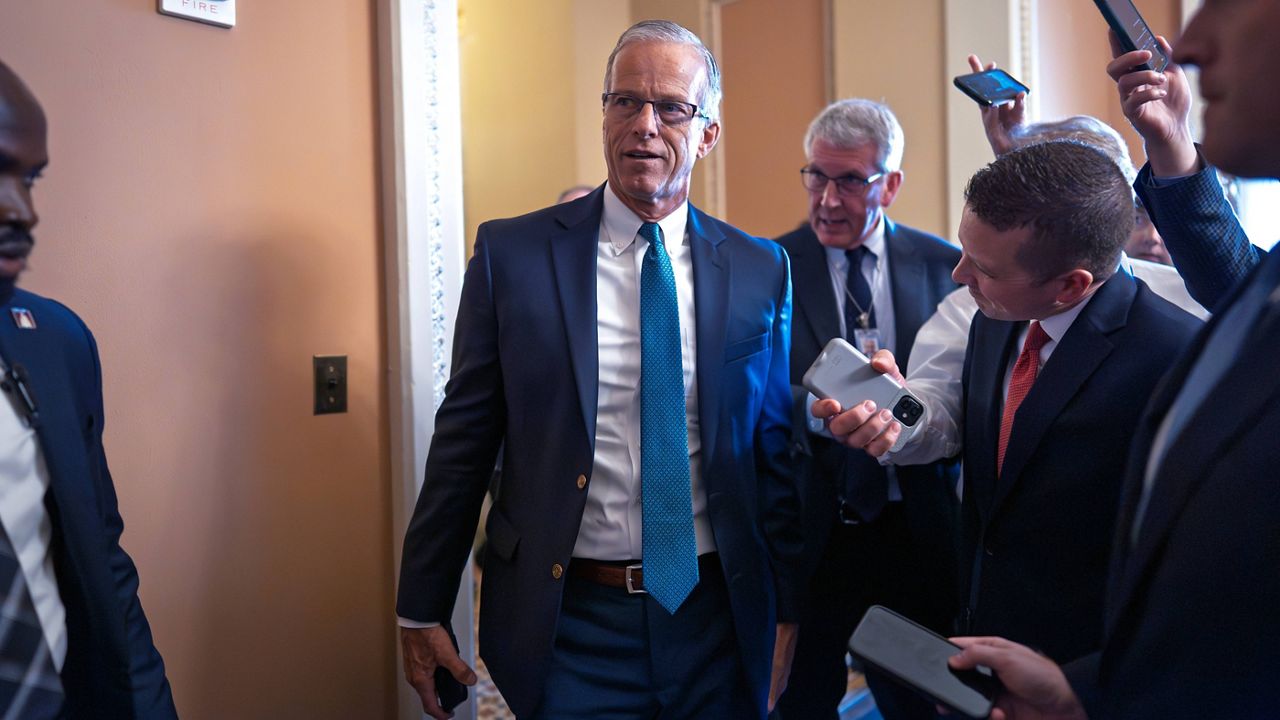 Senate Majority Leader John Thune, R-S.D., arrives for a closed-door Republican meeting to advance President Donald Trump's sweeping domestic policy bill, at the Capitol in Washington, Friday, June 27, 2025. (AP Photo/J. Scott Applewhite)