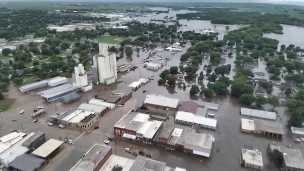 This image provided by Sioux County Sheriff shows City of Rock Valley, Iowa on Saturday, June 22, 2024.  Gov. Kim Reynolds sent helicopters to the small town to evacuate people from flooded homes Saturday, the result of weeks of rain, while much of the United States longed for relief from yet another round of extraordinary heat.(Sioux County Sheriff via AP)