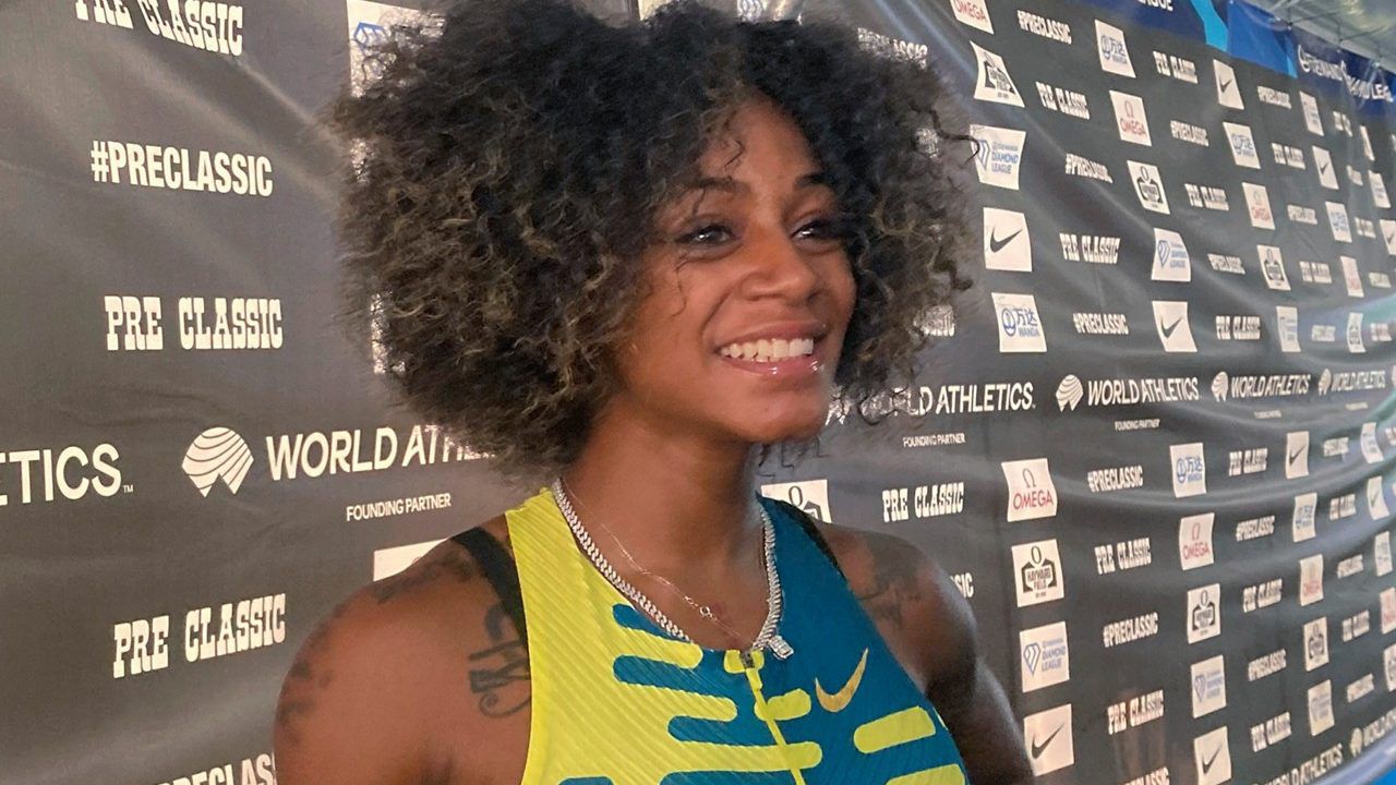 Sprinter Sha’Carri Richardson speaks to reporters at the Prefontaine Classic track meet Saturday, Sept. 16, 2023, in Eugene, Ore. (AP Photo/Anne M. Peterson)