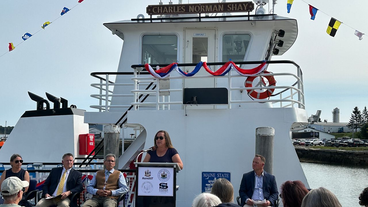 Maria Girouard, Penobscot Nation Tribal Council member, talks about the service of Charles Norman Shay during a commissioning ceremony in Rockland on Thursday. (Spectrum News/Susan Cover)