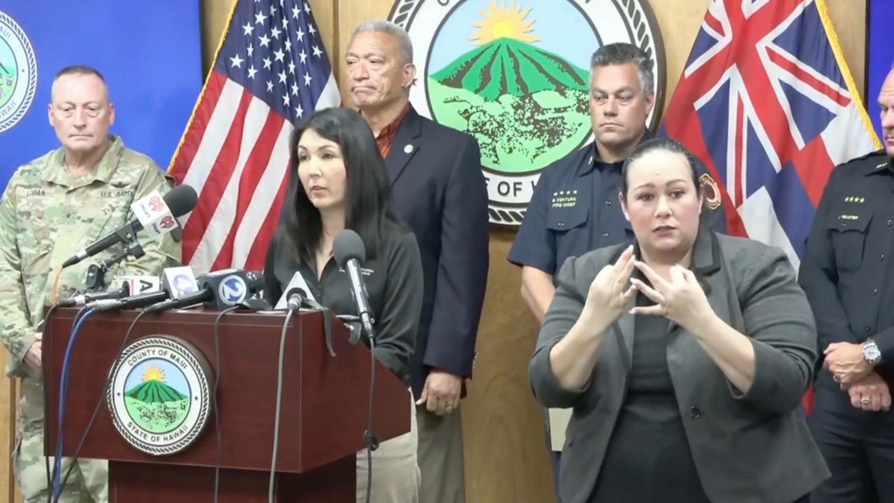 At a news briefing on Monday, HECO CEO Shelly Kimura addressed the utility's decision not to de-energize power lined as high winds hit Lahaina last week. (Gov. Josh Green Facebook livestream capture)