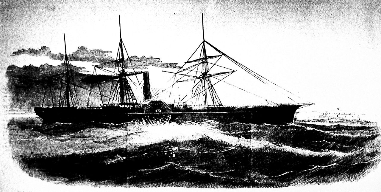 This drawing shows the U.S. Mail ship S.S. Central America, which sank after sailing into a hurricane in September 1857 in one of the worst maritime disasters in American history.