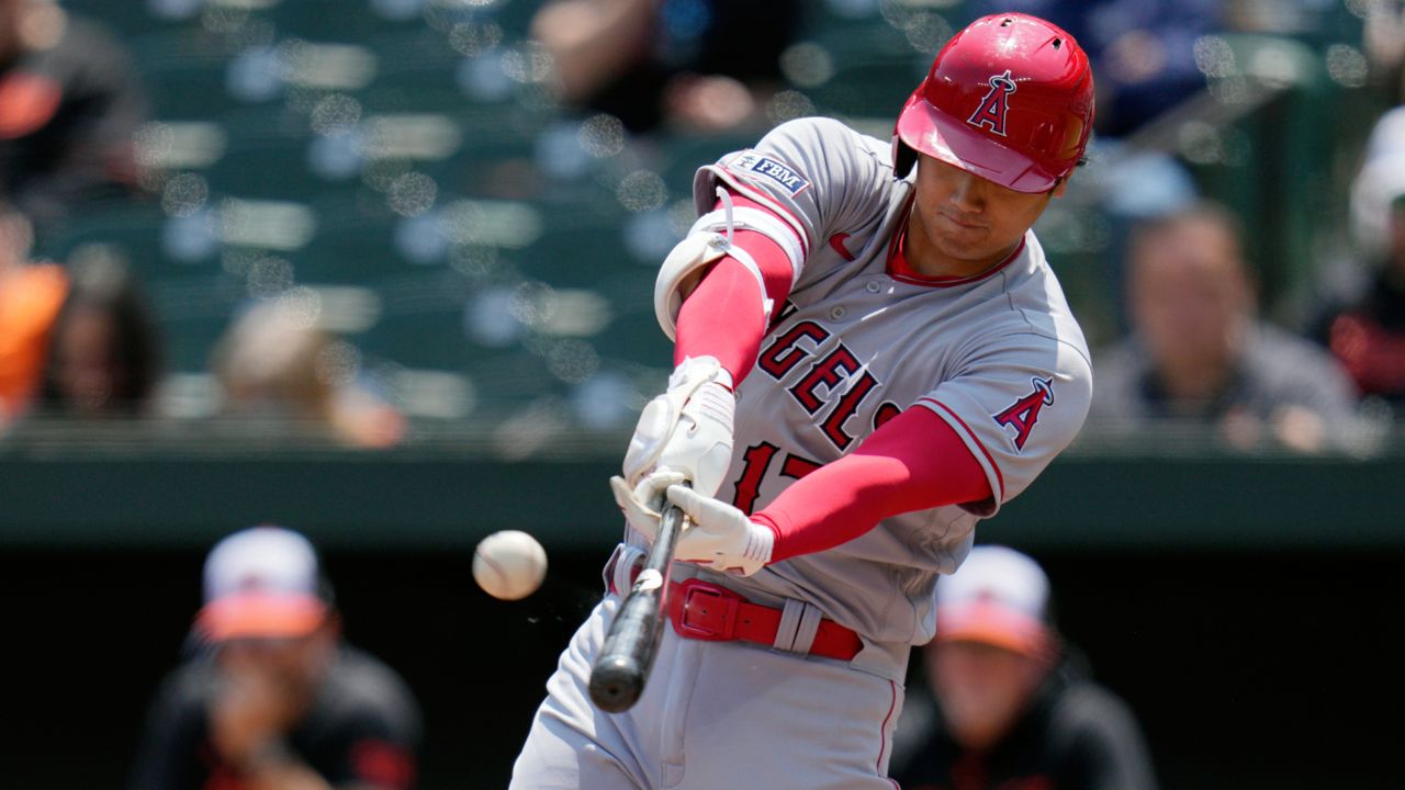 Los Angeles Angels designated hitter Shohei Ohtani, of Japan, hits a home run during the first inning of a baseball game against the Baltimore Orioles at Oriole Park at Camden Yards, Thursday, May 18, 2023, in Baltimore. (AP Photo/Jess Rapfogel)