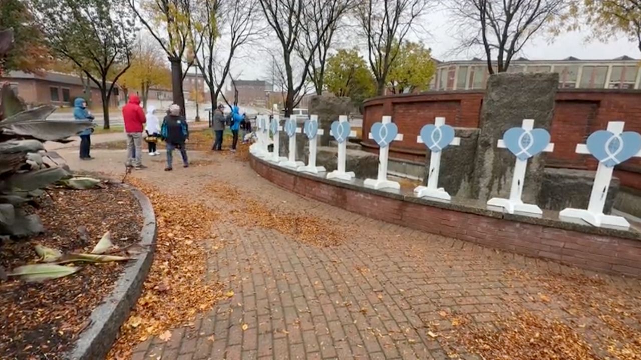 A memorial by Hearts of Mercy & Compassion Ministry of Lutheran Church Charities, a charitable organization based in Illinois, stands in Lewiston, as seen Monday, Oct. 30. (Spectrum News/Sean Murphy)