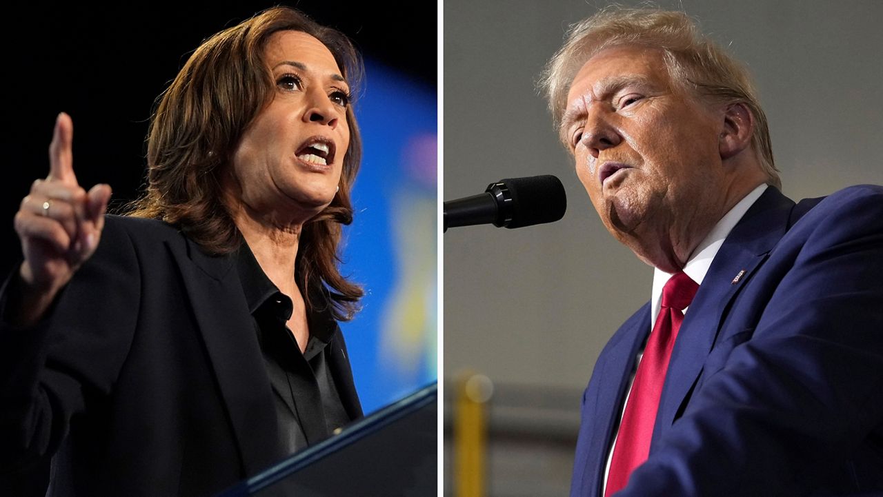 This combination photo shows Democratic presidential nominee Vice President Kamala Harris at a rally in Flint, Mich., Oct. 4, 2024, left, and Republican presidential nominee former President Donald Trump at a campaign rally in Walker, Mich., Sept. 27, 2024.