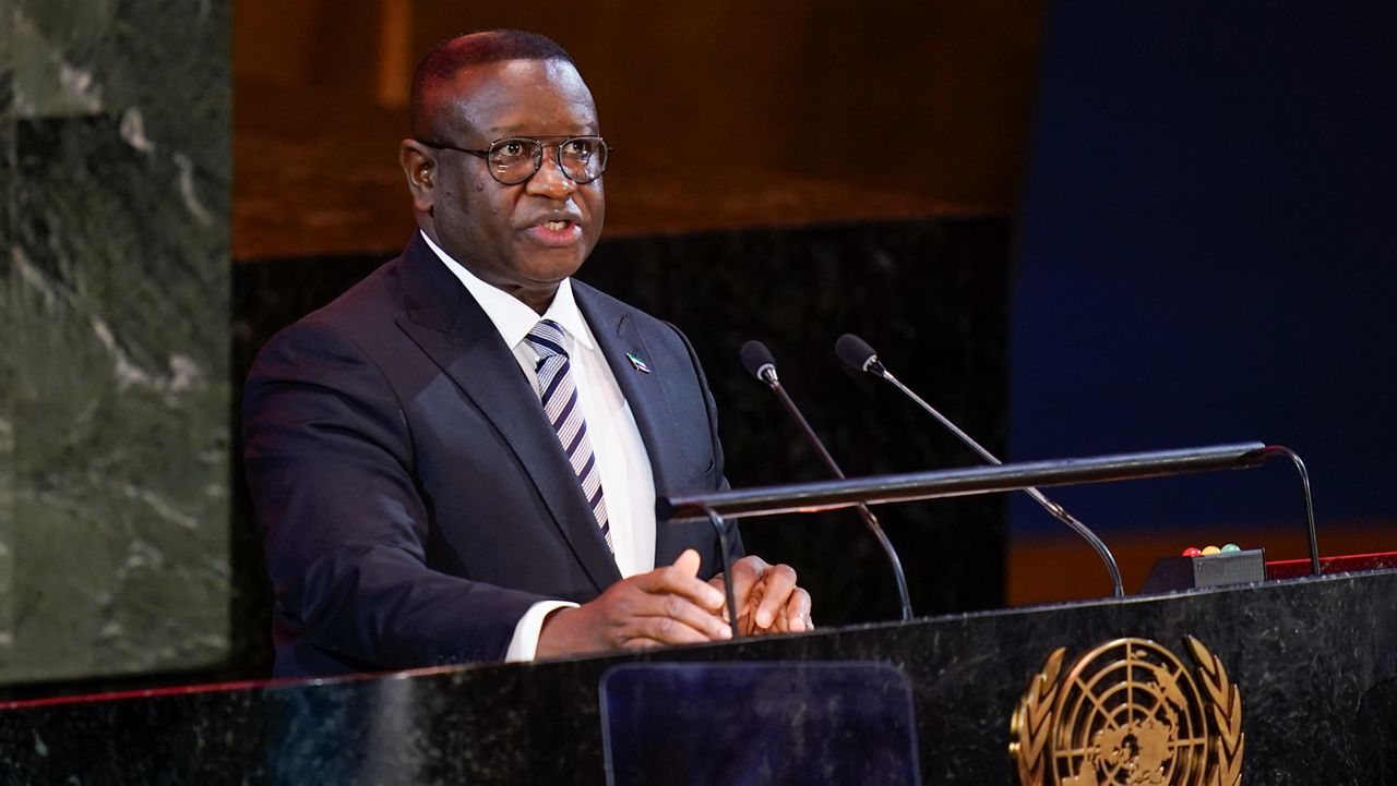Julius Maada Bio, President of Sierra Leone, speaks at the start of the Transforming Education Summit at United Nations headquarters, Monday, Sept. 19, 2022. Sierra Leone’s President has declared a nationwide curfew after gunmen attacked the West African country's main military barracks in the capital, raising fears of a breakdown of order amid a surge of coups in the region. Bio said Sunday, Nov. 26, 2023 in a statement on X, formerly known as Twitter, that the unidentified gunmen attacked an armory in the capital, Freetown, early morning. (AP Photo/Seth Wenig, File)