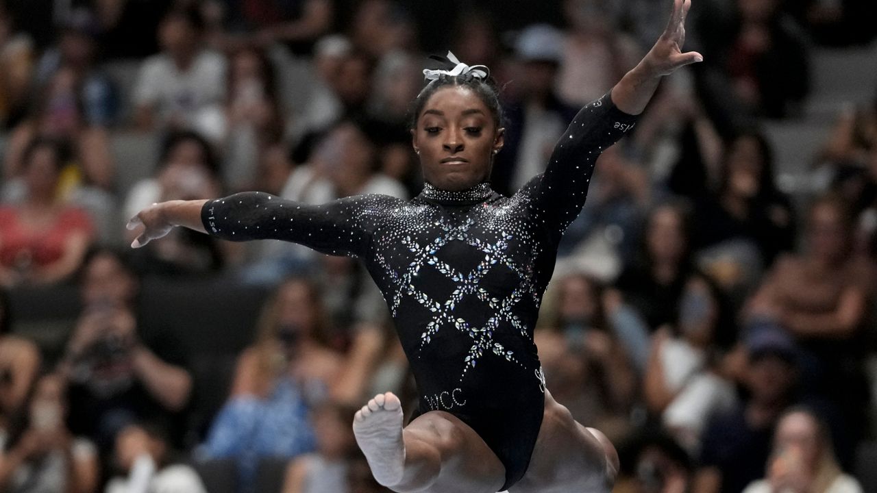 Simone Biles competes on the beam during the U.S. Gymnastics Championships, Aug. 27, 2023, in San Jose, Calif. (AP Photo/Godofredo A. Vásquez, File)