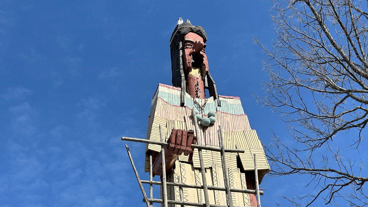 The Skowhegan Indian, a 62-foot-tall sculpture by Bernard Langlais, needs significant repairs. (Spectrum News/Susan Cover)