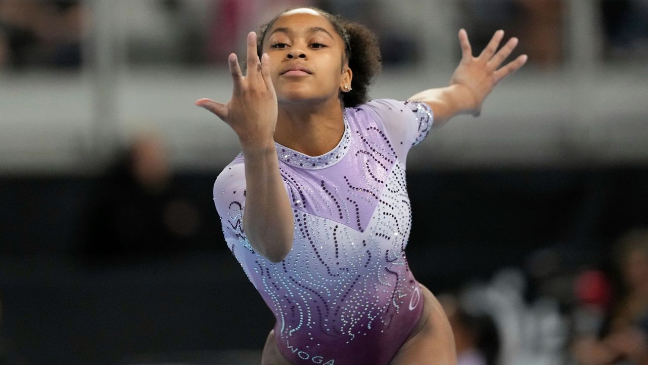 Skye Blakely competes on the floor during the U.S. Gymnastics Championships, Friday, May 31, 2024, in Fort Worth, Texas. (AP Photo/Jim Cowsert)