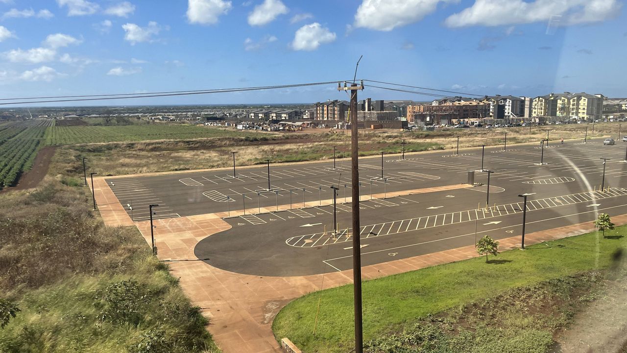 Park-and-ride facilities are available at the Halawa Station, Keoneae Station at the University of Hawaii-West Oahu and Honouliuli Station at Hoopili, pictured here. (Spectrum News/Michael Tsai)