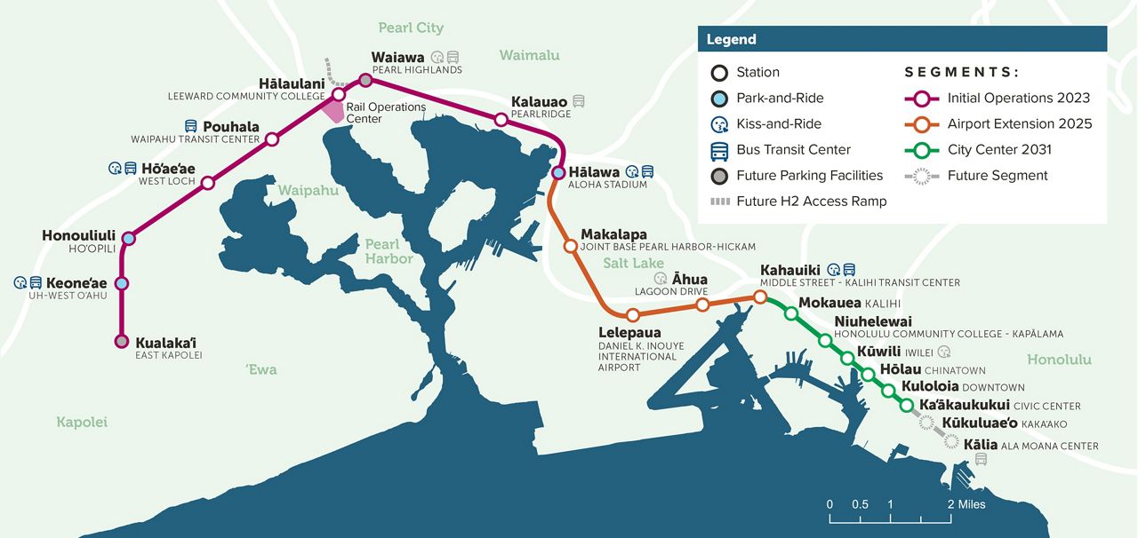 The full planned route for Skyline. The first segment, between Halawa and Kaualakai stations, opens June 30. (Courtesy City and County of Honolulu)