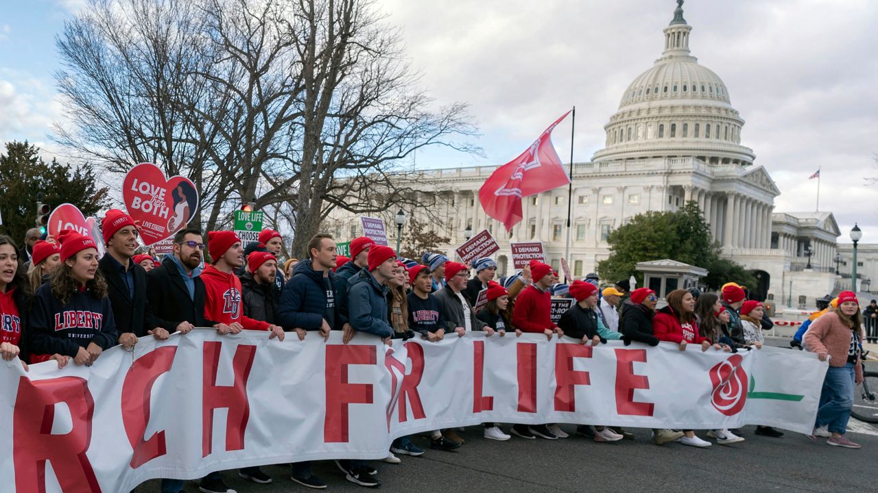 Anti-abortion activists march outside of the U.S. Capitol during the March for Life in Washington, Friday, Jan. 20, 2023. House Republicans this month have begun to push a series of policy changes around abortion, seeking to build on the work of anti-abortion advocates who helped catapult the issue successfully to the Supreme Court last year. (AP Photo/Jose Luis Magana)