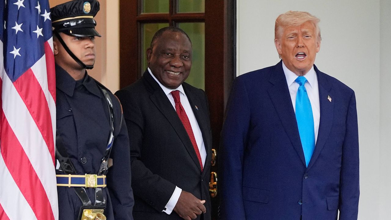 President Donald Trump greets South African President Cyril Ramaphosa at the White House, Wednesday, May 21, 2025, in Washington. (AP Photo/Julia Demaree Nikhinson)