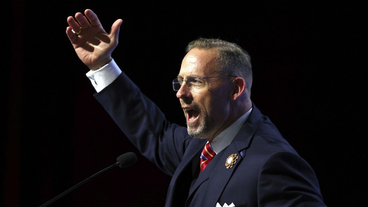 Southern Baptist Convention President Clint Pressley gives the President's Address during the 2025 SBC Annual Meeting, Tuesday, June 10, 2025, in Dallas. (AP Photo/Richard W. Rodriguez)