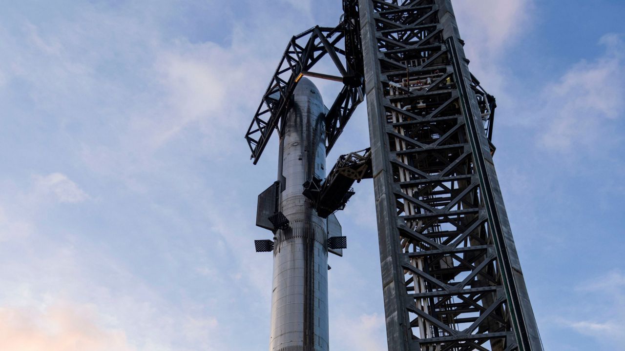 This photo provided by SpaceX shows the company's Starship rocket at the launch site in Boca Chica, Texas, on Wednesday, April 12, 2023. (SpaceX via AP)