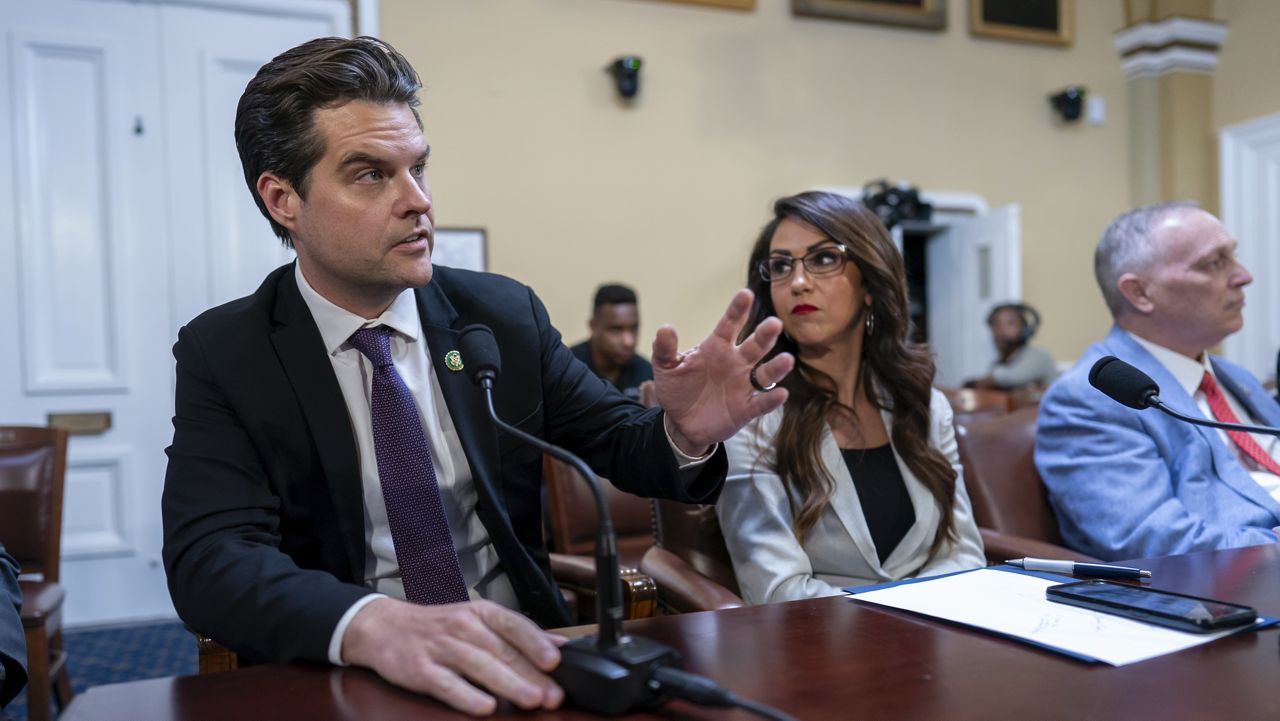 From left, Rep. Matt Gaetz, R-Fla., Rep. Lauren Boebert, R-Colo., and Rep. Scott Perry, R-Pa., propose amendments to the Department of Homeland Security Appropriations Bill before the House Rules Committee, at the Capitol in Washington, Friday, Sept. 22, 2023. (AP Photo/J. Scott Applewhite, File)