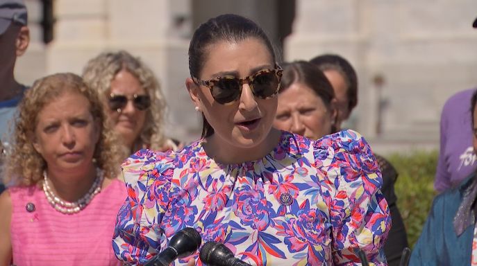 Rep. Sara Jacobs, D-Calif., speaks at the National Council of Jewish Women's "Sho-test at the Capitol" with Rep. Debbie Wasserman Schultz, D-Fla., rabbis and activists. Sept. 14, 2022. (Spectrum News)