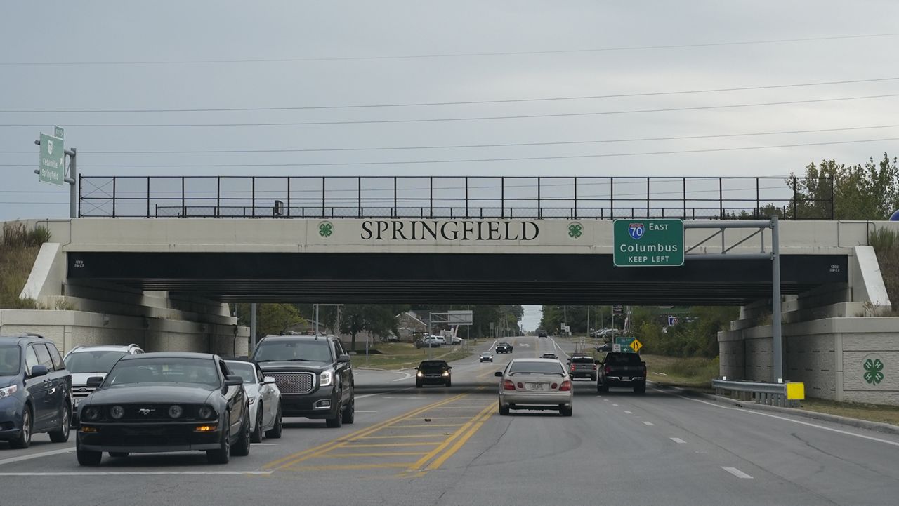 "Springfield" is displayed on the Interstate 70 overpass, Tuesday, Sept. 17, 2024, in Springfield, Ohio. (AP Photo/Carolyn Kaster)