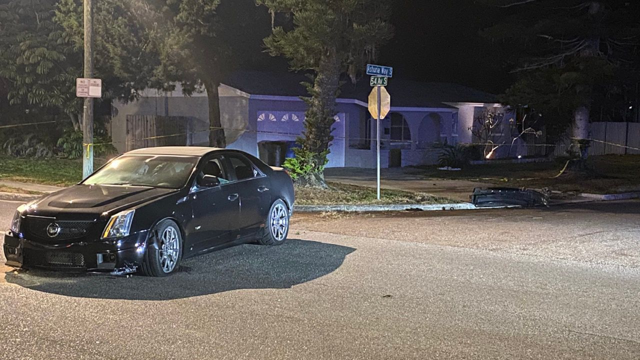 According to St. Pete police, a suspect in a shooting crashed a Cadillac sedan as he was leading police on a brief pursuit. (St. Pete Police)