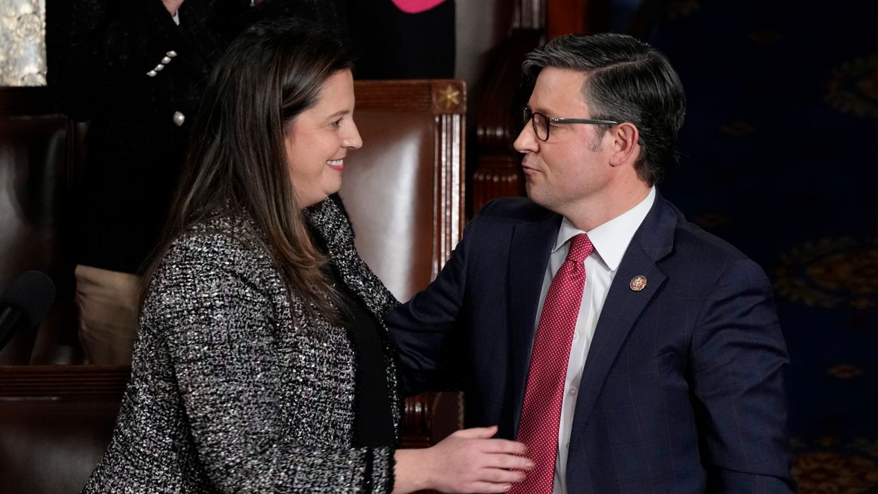 Rep. Elise Stefanik, R-N.Y., Chair of the Republican Conference, left, nominates Rep. Mike Johnson, R-La., left., as the Republican candidate for speaker at the Capitol in Washington, Wednesday, Oct. 25, 2023. (AP Photo/J. Scott Applewhite)
