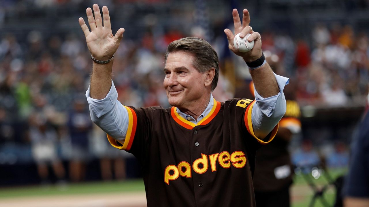 Former San Diego Padres Steve Garvey waves to fans before a baseball game against the St. Louis Cardinals Saturday, June 29, 2019, in San Diego. (AP Photo/Gregory Bull,File)