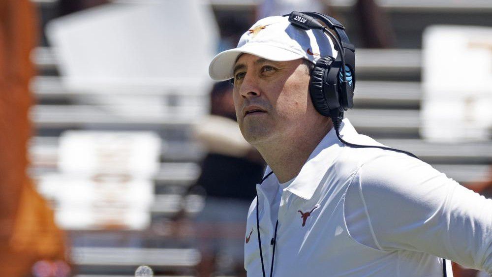 In this April 24, 2021, file photo, Texas head coach Steve Sarkisian watches his team during the final half of their spring NCAA college football game in Austin, Texas. (AP Photo/Michael Thomas, File)