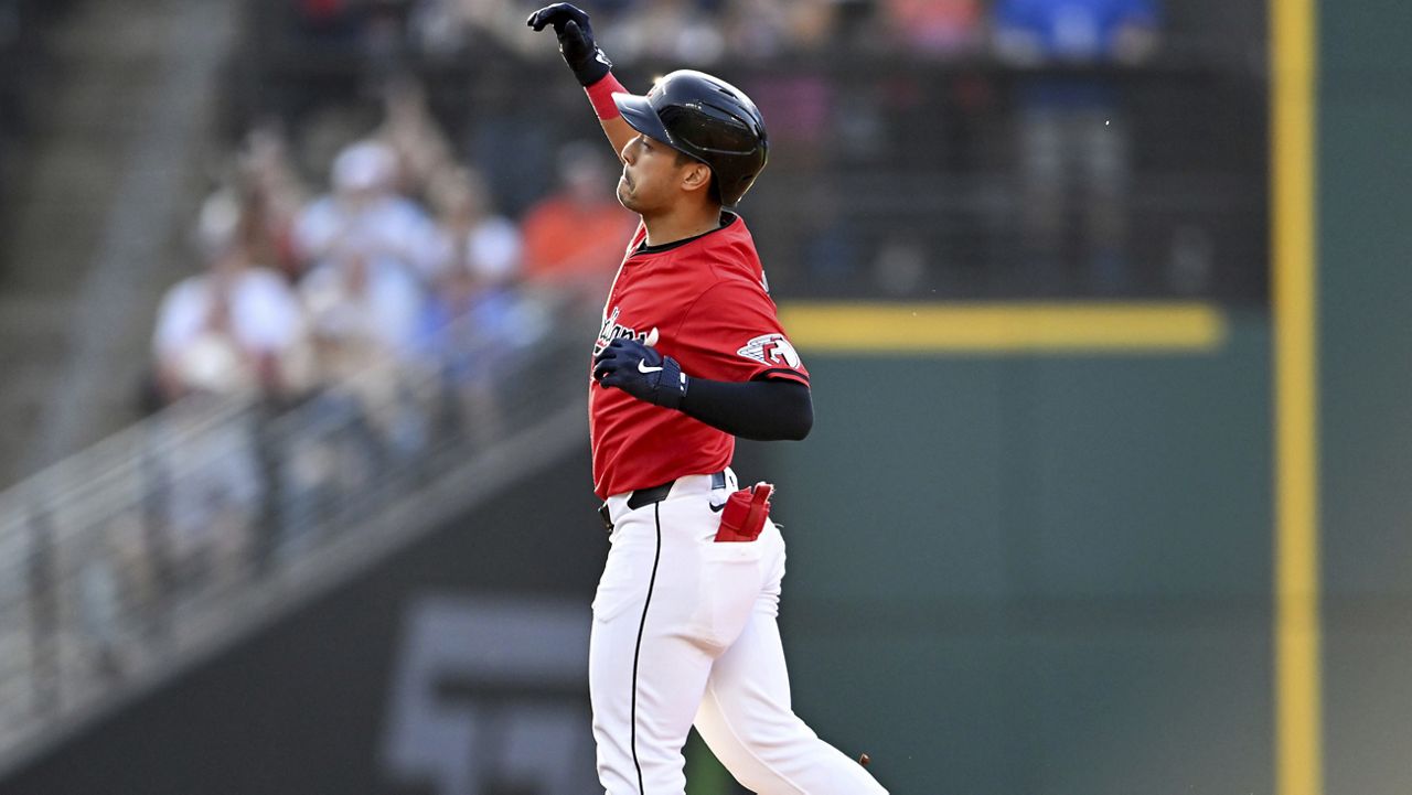 Cleveland Guardians' Steven Kwan celebrates hitting a solo home run during the third inning of a baseball game against the Detroit Tigers, Tuesday, July 23, 2024, in Cleveland. (AP Photo/Nick Cammett)