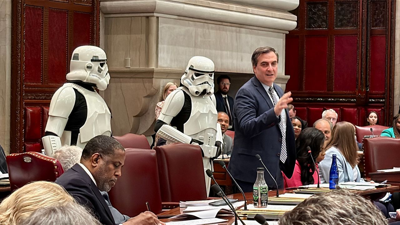 Disney sent two imperial stormtroopers Monday to join Senate Deputy Majority Leader Michael Gianaris on the floor before voting to adopt a bipartisan Star Wars Day resolution to commemorate the informal holiday in the state. Kate Lisa/Spectrum News 1