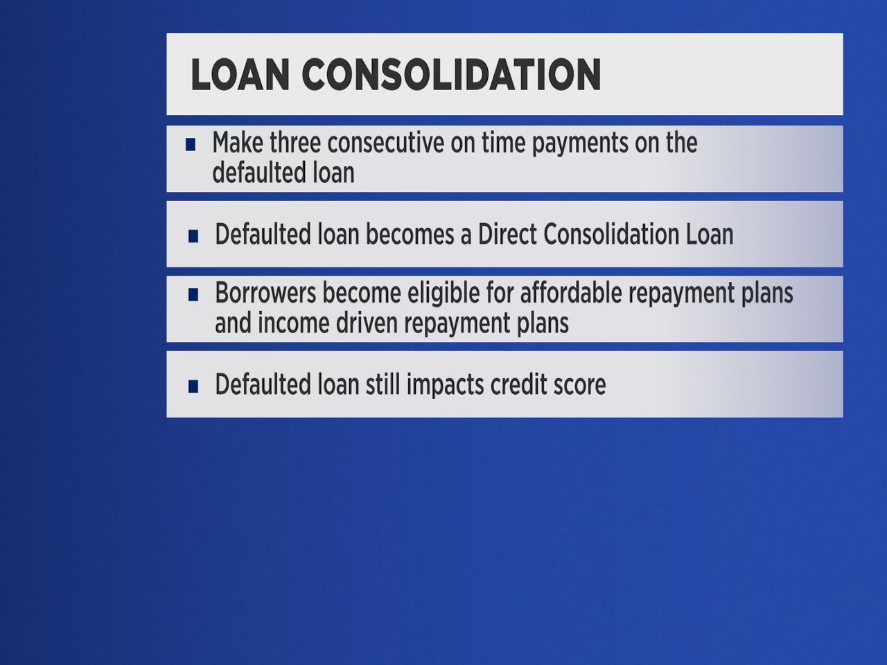 Loan consolidation is another potential solution for borrowers looking to get their student loans out of default.